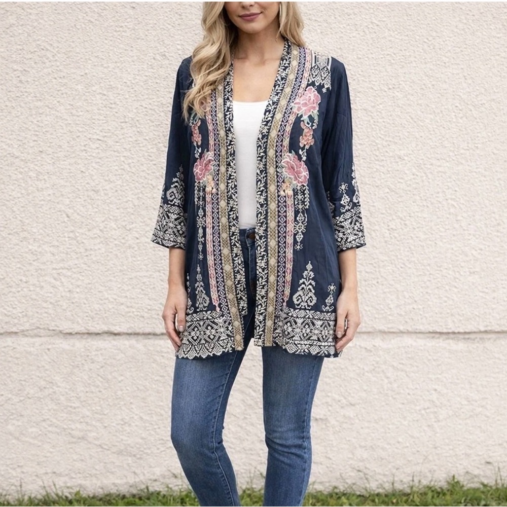 Johnny Was Grey and Tan Embroidered Kimono Top